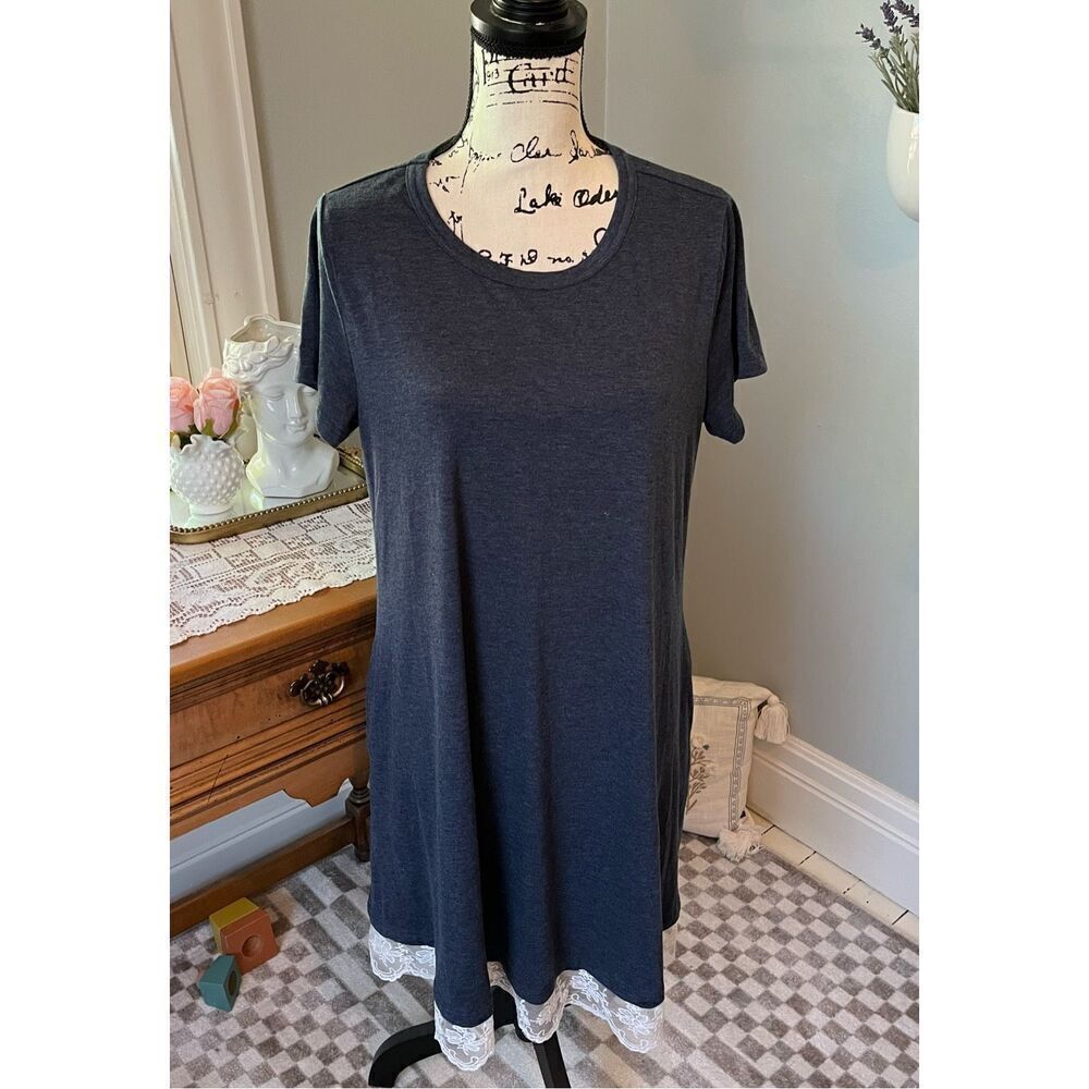 Sheilay Women's XL Navy Blue Short Sleeve Lace Detail Knee Length Dress